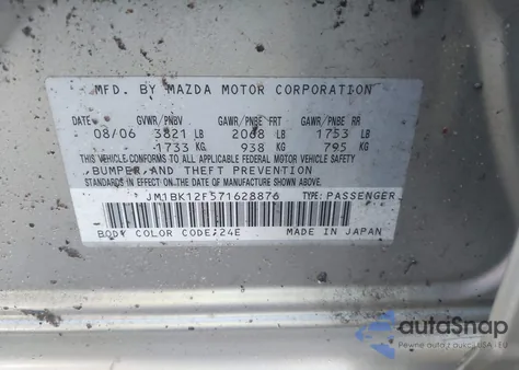 2007 Mazda Mazda3 I из США, поврежденный, VIN JM1BK12F571628876